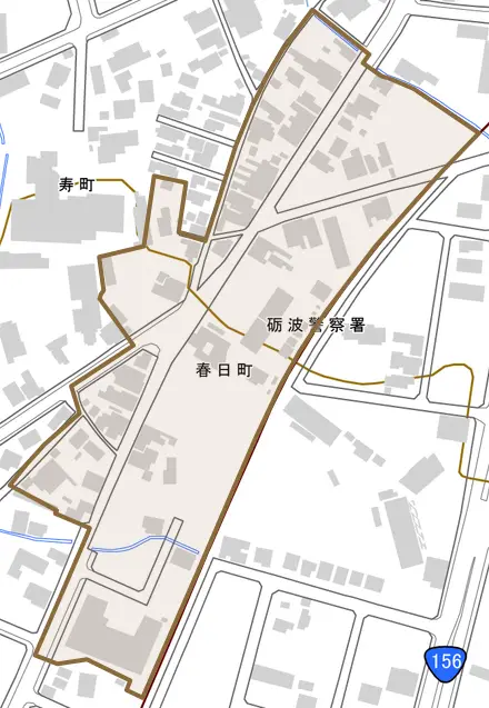 春日町とその周辺の地図。町の範囲を重ねている