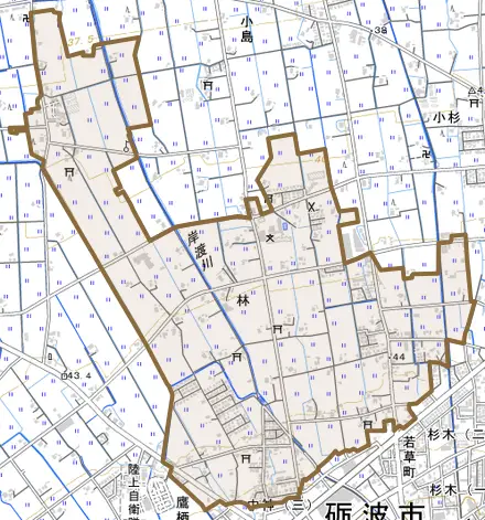 林とその周辺の地図。町の範囲を重ねている