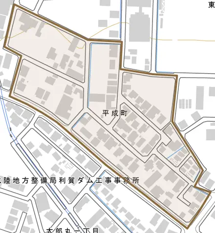 平成町とその周辺の地図。町の範囲を重ねている