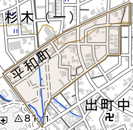 平和町とその周辺の地図。町の範囲を重ねている