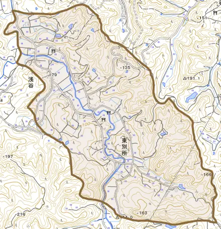 東別所とその周辺の地図。町の範囲を重ねている