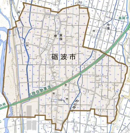 東保とその周辺の地図。町の範囲を重ねている