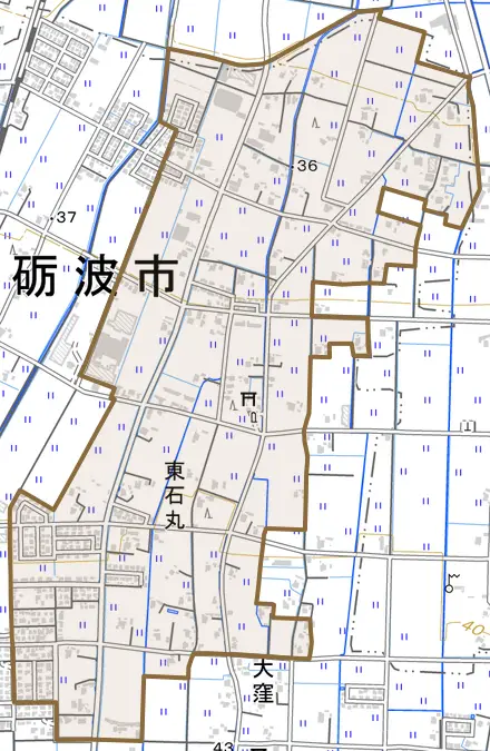 東石丸とその周辺の地図。町の範囲を重ねている