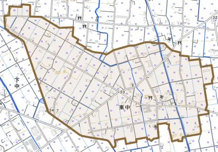 東中とその周辺の地図。町の範囲を重ねている