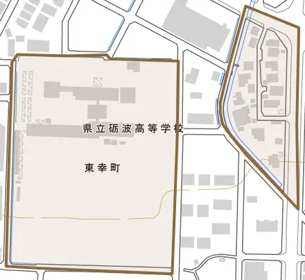 東幸町とその周辺の地図。町の範囲を重ねている