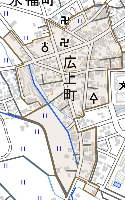 広上町とその周辺の地図。町の範囲を重ねている