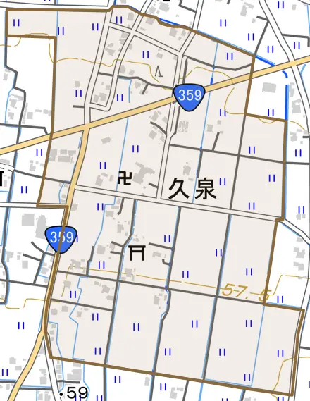 久泉とその周辺の地図。町の範囲を重ねている