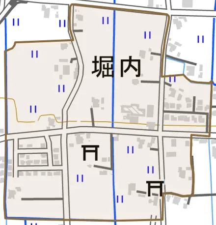 堀内とその周辺の地図。町の範囲を重ねている