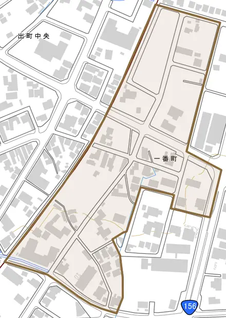 一番町とその周辺の地図。町の範囲を重ねている