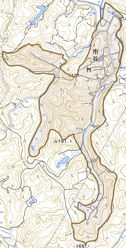 市谷とその周辺の地図。町の範囲を重ねている