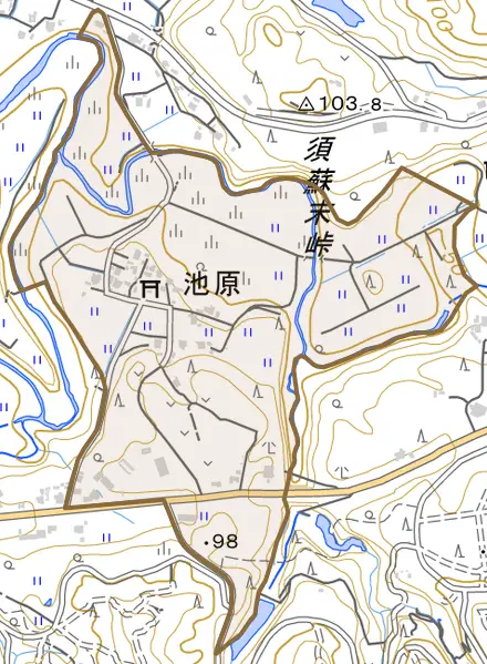 池原とその周辺の地図。町の範囲を重ねている