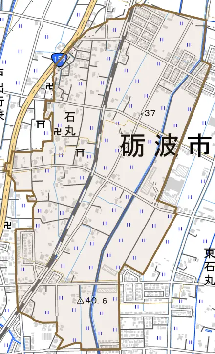 石丸とその周辺の地図。町の範囲を重ねている