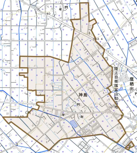 神島とその周辺の地図。町の範囲を重ねている