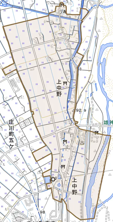 上中野とその周辺の地図。町の範囲を重ねている