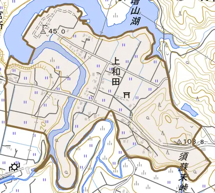 上和田とその周辺の地図。町の範囲を重ねている