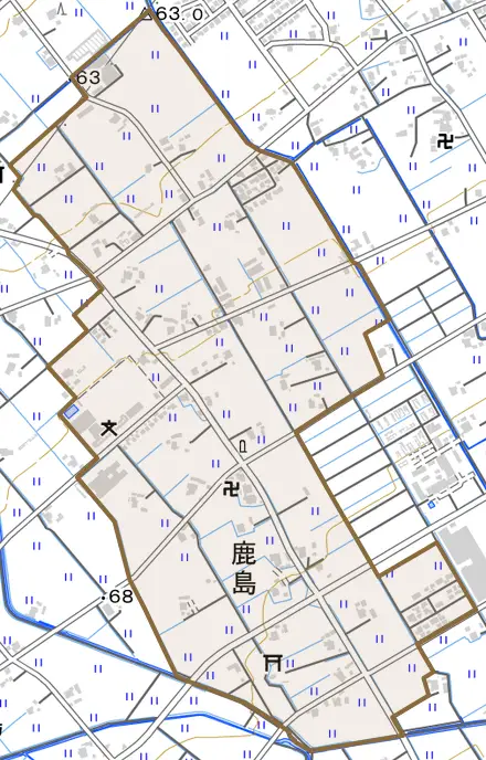 鹿島とその周辺の地図。町の範囲を重ねている