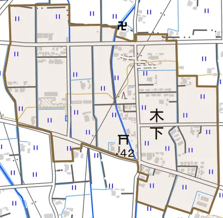 木下とその周辺の地図。町の範囲を重ねている