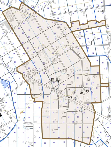 狐島とその周辺の地図。町の範囲を重ねている