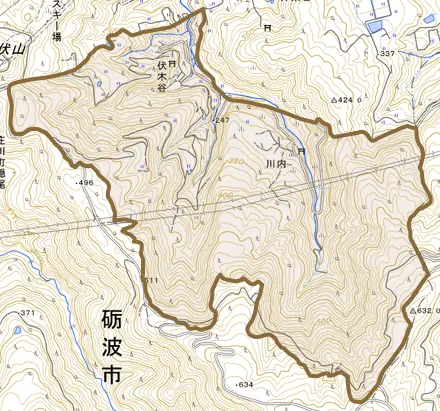川内とその周辺の地図。町の範囲を重ねている