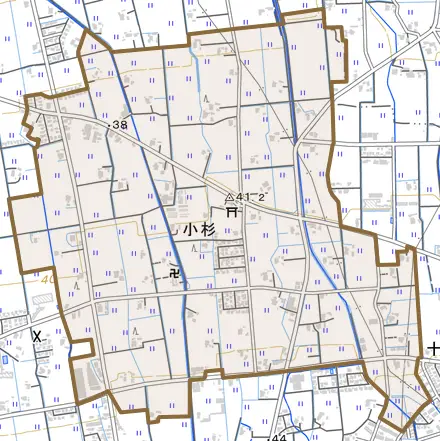 小杉とその周辺の地図。町の範囲を重ねている