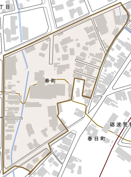 寿町とその周辺の地図。町の範囲を重ねている