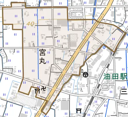 宮丸とその周辺の地図。町の範囲を重ねている