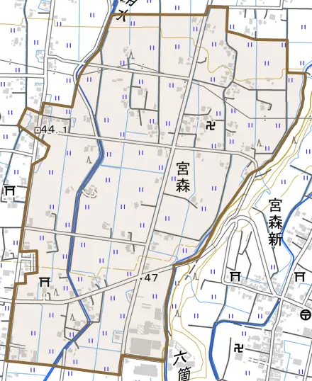 宮森とその周辺の地図。町の範囲を重ねている