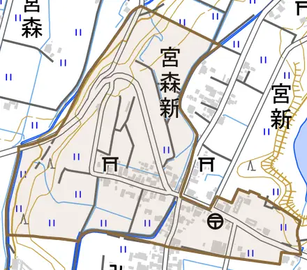 宮森新とその周辺の地図。町の範囲を重ねている