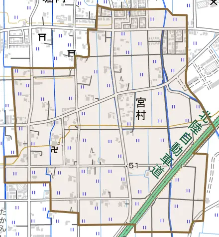 宮村とその周辺の地図。町の範囲を重ねている