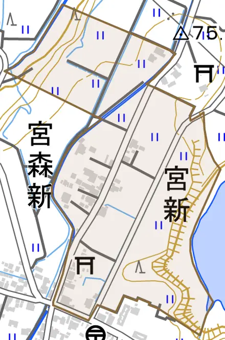 宮新とその周辺の地図。町の範囲を重ねている