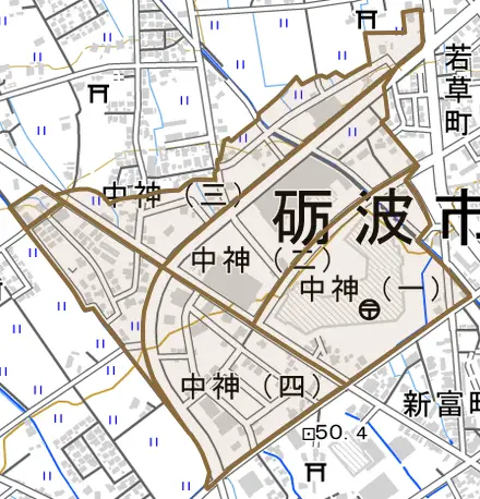 中神とその周辺の地図。町の範囲を重ねている