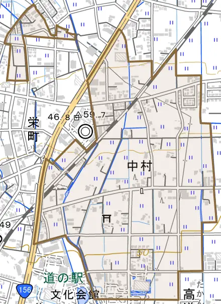 中村とその周辺の地図。町の範囲を重ねている