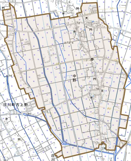 中野とその周辺の地図。町の範囲を重ねている
