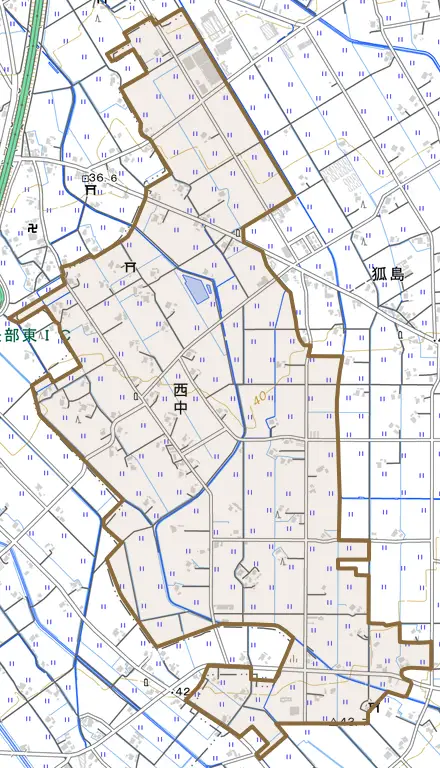 西中とその周辺の地図。町の範囲を重ねている