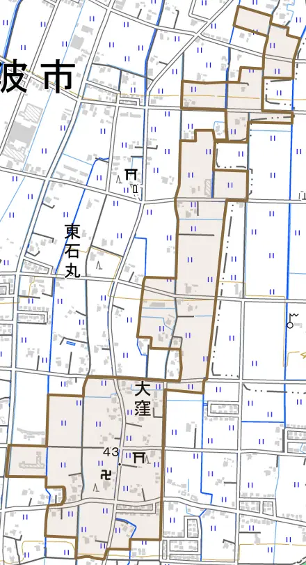 大窪とその周辺の地図。町の範囲を重ねている