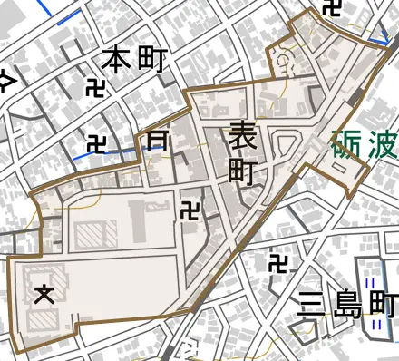 表町とその周辺の地図。町の範囲を重ねている