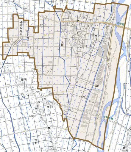 太田とその周辺の地図。町の範囲を重ねている