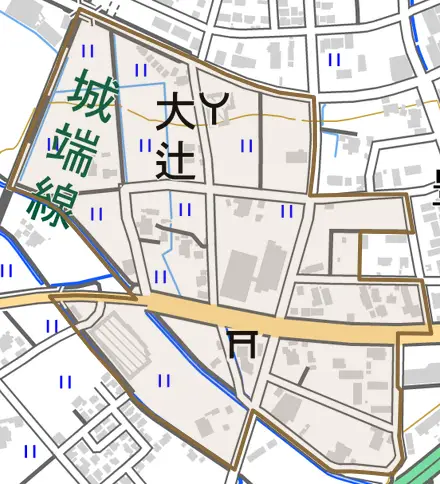 大辻とその周辺の地図。町の範囲を重ねている