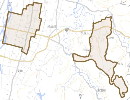 頼成とその周辺の地図。町の範囲を重ねている