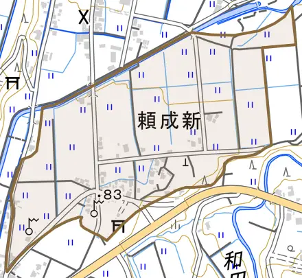 頼成新とその周辺の地図。町の範囲を重ねている