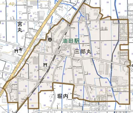 三郎丸とその周辺の地図。町の範囲を重ねている