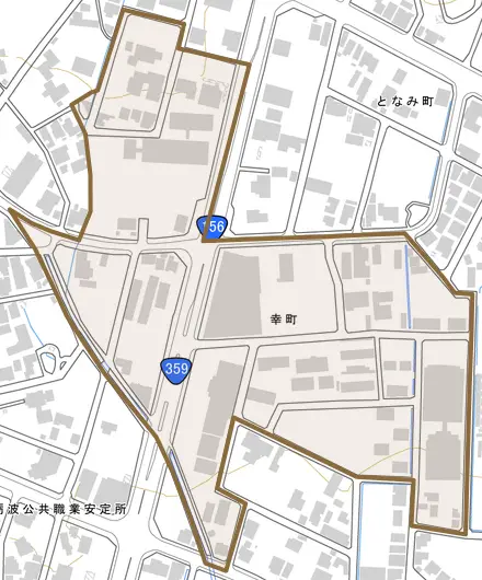 幸町とその周辺の地図。町の範囲を重ねている