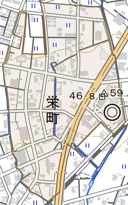 栄町とその周辺の地図。町の範囲を重ねている