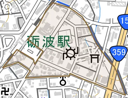 山王町とその周辺の地図。町の範囲を重ねている