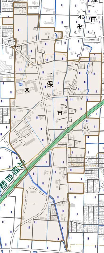 千保とその周辺の地図。町の範囲を重ねている