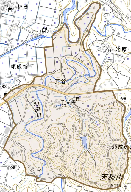 芹谷とその周辺の地図。町の範囲を重ねている