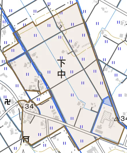 下中とその周辺の地図。町の範囲を重ねている