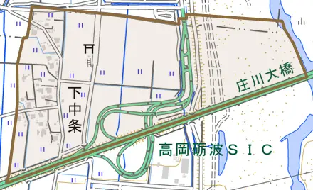 下中条とその周辺の地図。町の範囲を重ねている