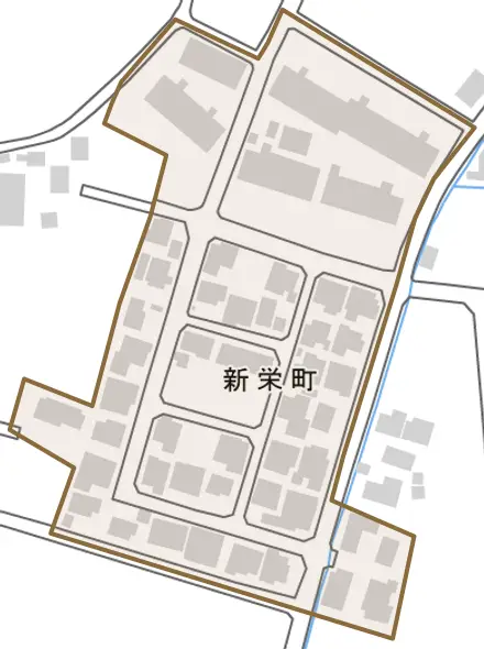 新栄町とその周辺の地図。町の範囲を重ねている