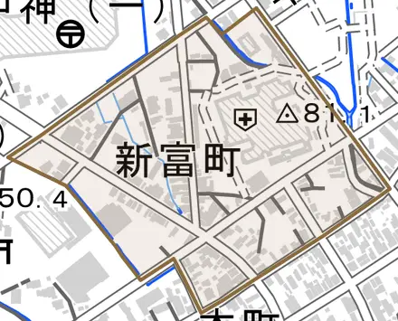 新富町とその周辺の地図。町の範囲を重ねている
